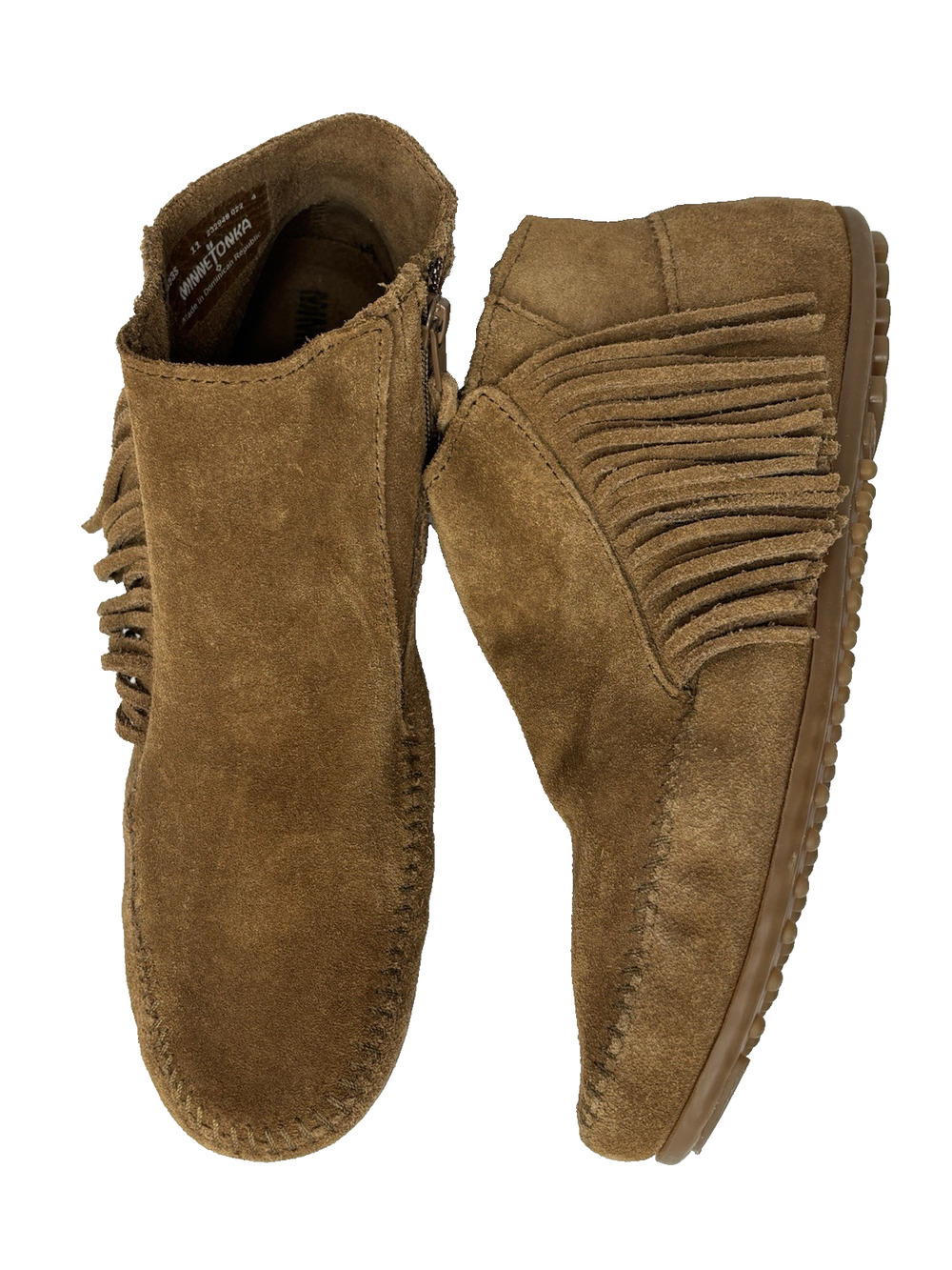 Minnetonka Moccasin camel Brown Suede Leather ankle fringe booties sz 11